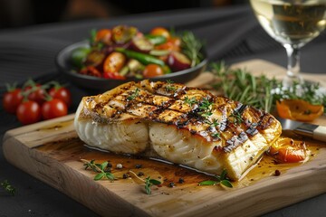Wall Mural - Grilled fish fillet with herbs and vegetables served on a wooden board with a glass of white wine