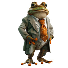 Wall Mural - animal crossing of anthropomorphic Frog as businessman, full body, standing on 2 legs, 3d character cartoon isolated on transparent background