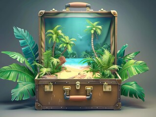 Poster - Vibrant and creative depiction of a tropical beach within an open suitcase, ideal as a whimsical wallpaper or background