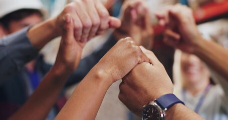 Canvas Print - Business people, hands together and meeting with team building for collaboration or mission at warehouse. Closeup, group or employees in unity for community, engagement or synergy at storage depot