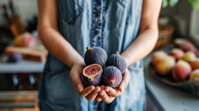 Woman holding tasty raw figs, closeup view