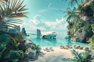 Sticker - An imaginative scene featuring a tropical beach with a plane stranded in a surreal landscape, demonstrating creative travel concepts