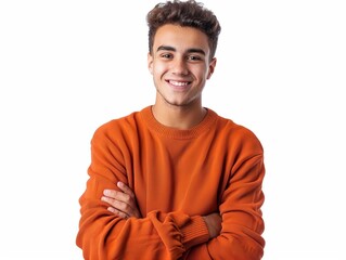 A happy young male with curly hair wearing a bright orange sweater, isolated on a white background