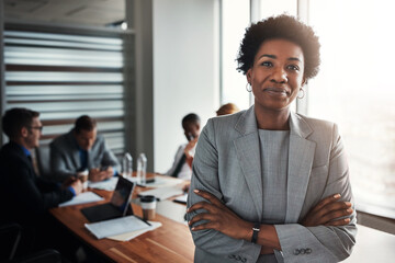 Wall Mural - Teamwork, meeting and portrait of business black woman with crossed arms for workshop, collaboration and professional. Corporate, office and manager with workers for coworking, feedback and training