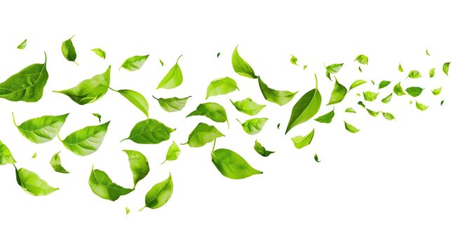 Green leaves floating isolated on white background