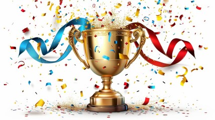 Golden trophy with vibrant confetti and ribbons, symbolizing celebration, victory, and achievement on a white background.