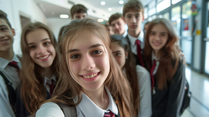 Wall Mural - copy space, stockphoto, selfie of high school students in school uniform in a school hallway --ar 16:9 Job ID: ced5274d-7969-4822-9618-1076e7335dcc