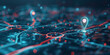 © Twopictures - Eine digitale Karte, die einen Standort mit gesetzten Pins anzeigt, die KI-Technologie im GPS, Innovationen bei Lieferdiensten und Kartenstandorte für die zukünftige Transportlogistik darstellt