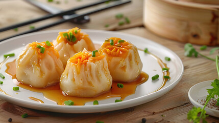 Wall Mural - Chinese Dim Sum with Carrot Filling, Artfully Displayed on Elegant White Platters