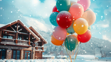 Winter party concept image with colorful balloons in snowy winter season background with copy space