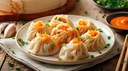 Wall Mural - A Delicious Display of Dim Sum with Steamed Vegetables