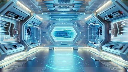 futuristic space with spaceship blue interior with empty window 3d rendering seamless looping overlay 4k virtual video animation background