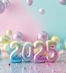 Wall Mural - Numbers 2025 for celebrating the new year 2025 Holographic fluid liquid glitter illustration art