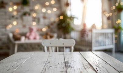 An empty surface made of light wood on a blurred background of a modern nursery. An blank wooden table and  blurred background of the children`s room in trendy neutral  scandinavian tones. Copy space.