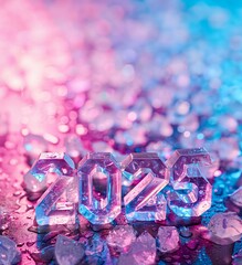 Wall Mural - Numbers 2025 for celebrating the new year 2025 Holographic fluid liquid glitter illustration art