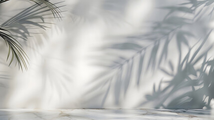 Poster - Minimalistic light background with blurred foliage shadow on a light wall Beautiful background for presentation with with marble floor : Generative AI