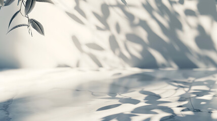 Poster - Minimalistic light background with blurred foliage shadow on a light wall Beautiful background for presentation with with marble floor : Generative AI