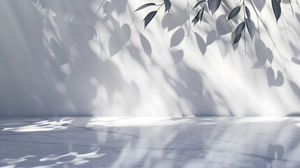 Poster - Minimalistic light background with blurred foliage shadow on a light wall Beautiful background for presentation with with marble floor : Generative AI
