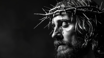 
Jesus Christ wearing a crown of thorns in a close up portrait in black and white, isolated on a dark background
