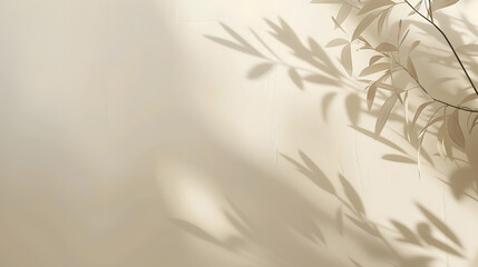 Poster - Minimalistic abstract gentle light beige background for product presentation with light andand intricate shadow from the window and vegetation on wall : Generative AI