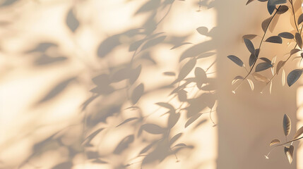 Poster - Minimalistic abstract gentle light beige background for product presentation with light andand intricate shadow from the window and vegetation on wall : Generative AI