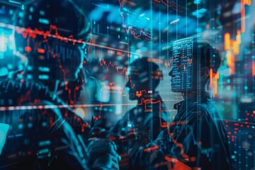 Wall Mural - A dynamic image portraying traders and digital financial charts in a dark, high-tech environment