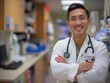 © qorqudlu - Cheerful asian male doctor wearing a white coat and stethoscope in a hospital environment
