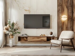 Poster - Elegant living room with wood paneling, TV on wall, armchair, and plants adding a cozy atmosphere