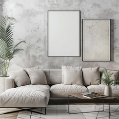 An inviting modern living room features a plush beige sofa with two framed pictures on a textured wall