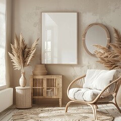 Wall Mural - A comfortable and stylish boho-chic interior with a rattan armchair and decorative dried pampas grass