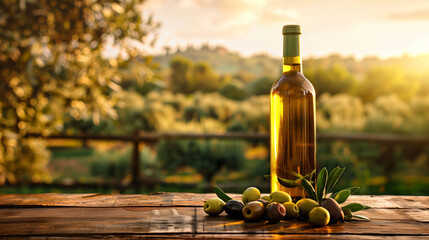 copy space, stockphoto, bottle with olive oil, premium quality standing on a wooden table, some olives on the table, professional publicity photo, italian olive yard in the background.