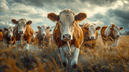 Brown and white cattle walking on pasture, farm animals