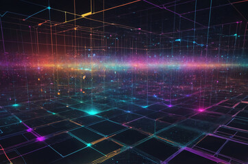 Wall Mural - Digital network with colorful glowing lines and connections forming abstract grid future technology