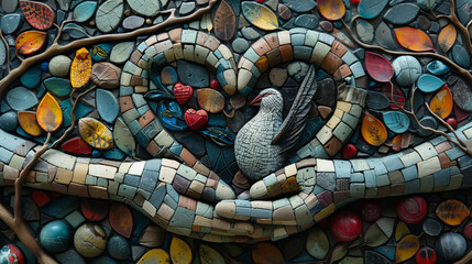 Colorful Mosaic of Bird in Nested Heart-Shaped Hands with Autumn Leaves and Berries