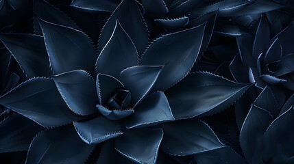 Poster - agave cactus abstract natural pattern background dark blue toned : Generative AI