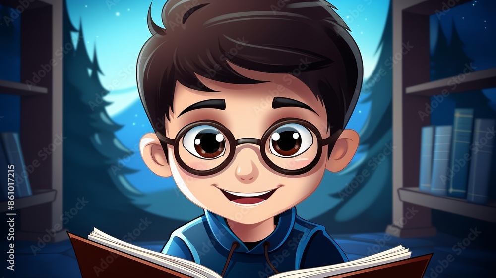 Cartoon kid reading book flat design front view academic theme ...