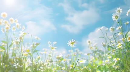 Aufkleber - A beautiful sundrenched spring summer meadow Natural colorful panoramic landscape with many wild flowers of daisies against blue sky A frame with soft selective focus : Generative AI