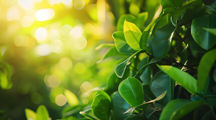 Leinwandbilder - Beautiful nature view of green leaf on blurred greenery background in garden and sunlight with copy space using as background natural green plants landscape ecology fresh wallpaper con : Generative AI