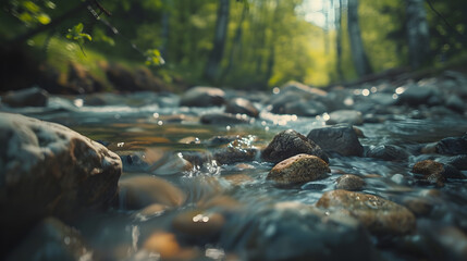 Wall Mural - spring forest nature landscape  beautiful spring stream river rocks in mountain forest : Generative AI