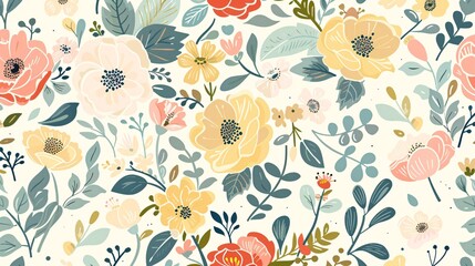 Wall Mural - A seamless horizontal floral pattern featuring an array of flat, springtime flowers in a folk art style. The flowers are depicted in soft pastel shades and intricate designs, creating a charming and