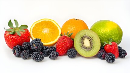 Fruits such as oranges apples and guavas set against a white backdrop, Healthy fresh fruits on white background, Assortment of Fresh, Colorful Fruits on a Neutral Background, Including various type


