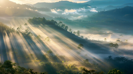 Poster - Beautiful Landscape of mountain layer in morning sun ray and winter fog at  Doi Hua Mae Kham  Mae Salong Nai Chiangrai Thailand : Generative AI