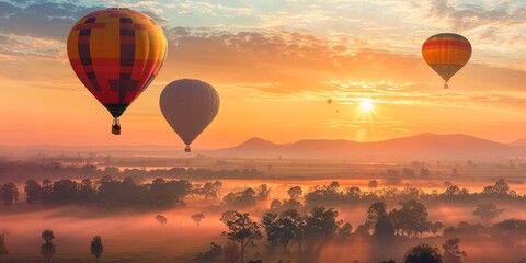 Hot air balloons floating over a rural landscape at sunrise.