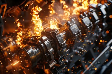 High quality cg v8 engine with dynamic explosions, sparks, and moving mechanical parts