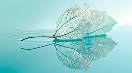 Wall Mural - White transparent leaf on mirror surface with reflection on turquoise background macro Artistic image of ship in water of lake Dreamy image nature free space : Generative AI