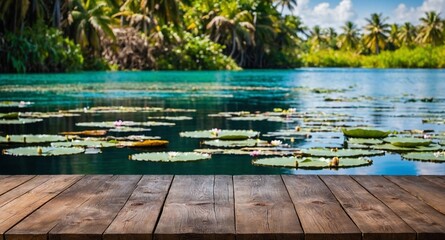 Wall Mural - rustic wooden table and, in the background, a tropical lagoon blurred with nature, water lilies, vegetation, and sky, to use as a background for products.