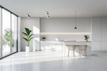 Wall Mural - Minimalist white kitchen with island and large windows illuminating modern interior design