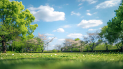 Poster - Beautiful blurred background image of spring nature with a neatly trimmed lawn surrounded by trees against a blue sky with clouds on a bright sunny day : Generative AI