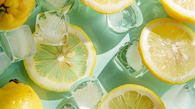 Vibrant yellow lemon slices float in crystal-clear water with ice cubes. Close-up view highlights the citrus fruit's juicy texture and zesty peel .