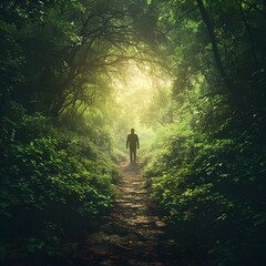 Poster - Person Standing at the Edge of a New Path in a Lush Forest Ready to Embark on a New Journey